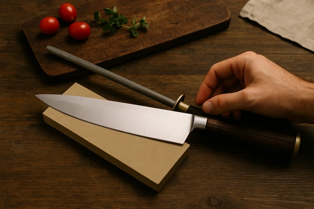 Cuchillo parrillero tradicional sobre tabla de madera iluminado por luz cálida