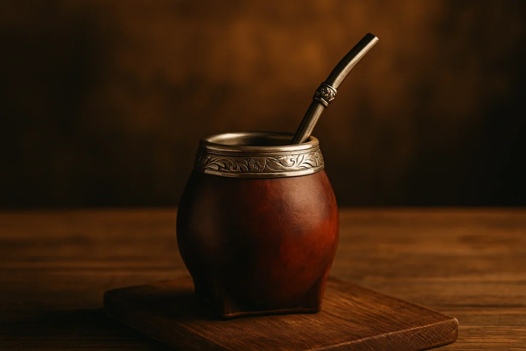 Mate imperial de calabaza con virola de alpaca y bombilla sobre tabla de madera, con fondo cálido.