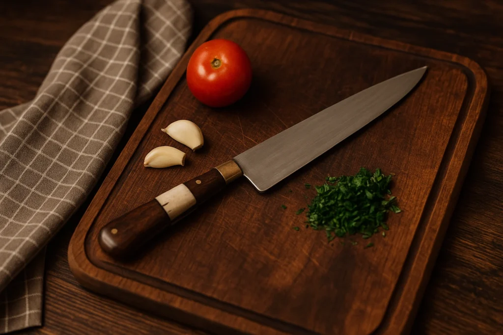 Tabla de madera rústica con cuchillo y hierbas frescas en una cocina cálida